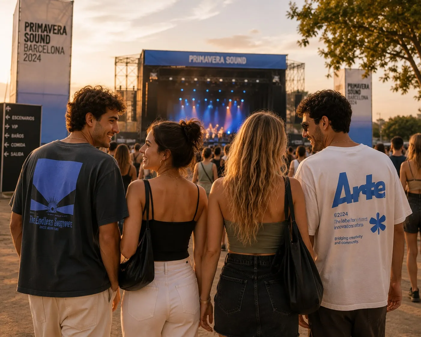 Four friends walking together towards a festival main stage at sunset, with the crowd and the lit stage ahead of them.