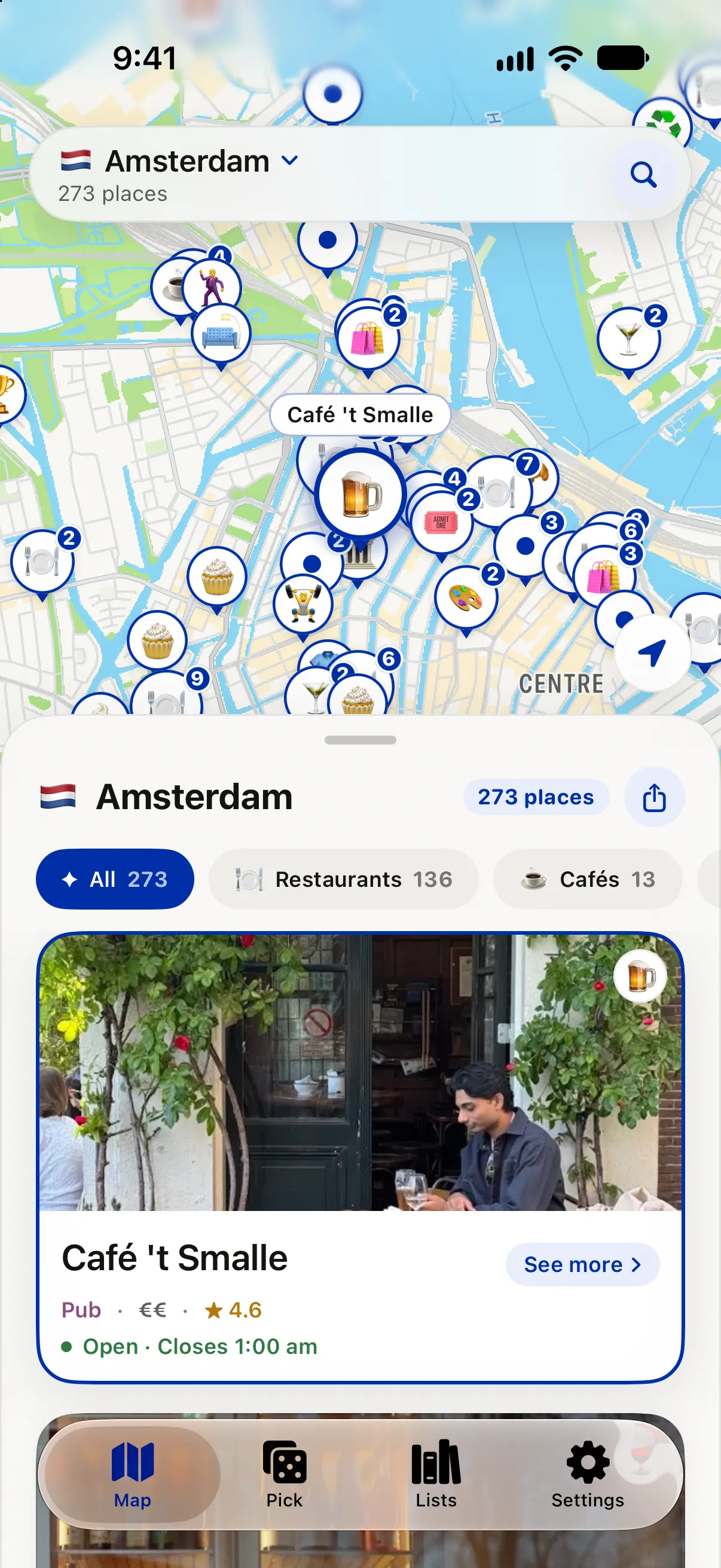 The friendtips map of Amsterdam with 273 places. Café 't Smalle is selected, and a card at the bottom shows its photo, Pub, a 4.6 rating, and Open, closes 1:00 am.
