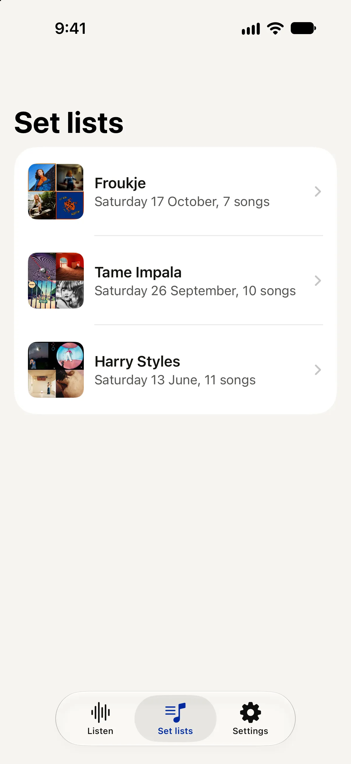 The Set lists tab with three concerts: Froukje, Tame Impala and Harry Styles. Each has a cover made from four album covers, a date and a number of songs.